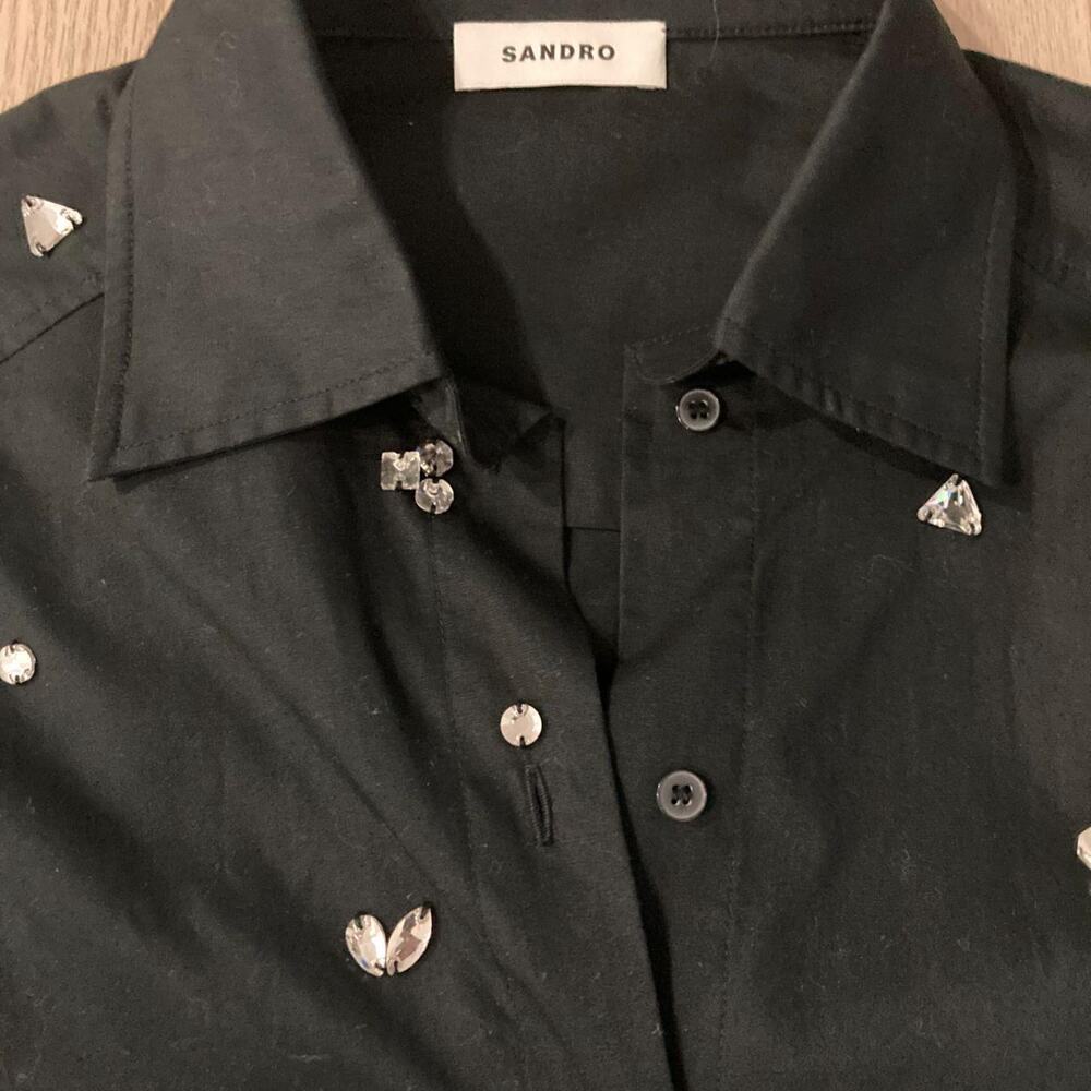 NWT Sandro Paris embroidered crystal Oversized Poplin Shirt Black SZ FR 0